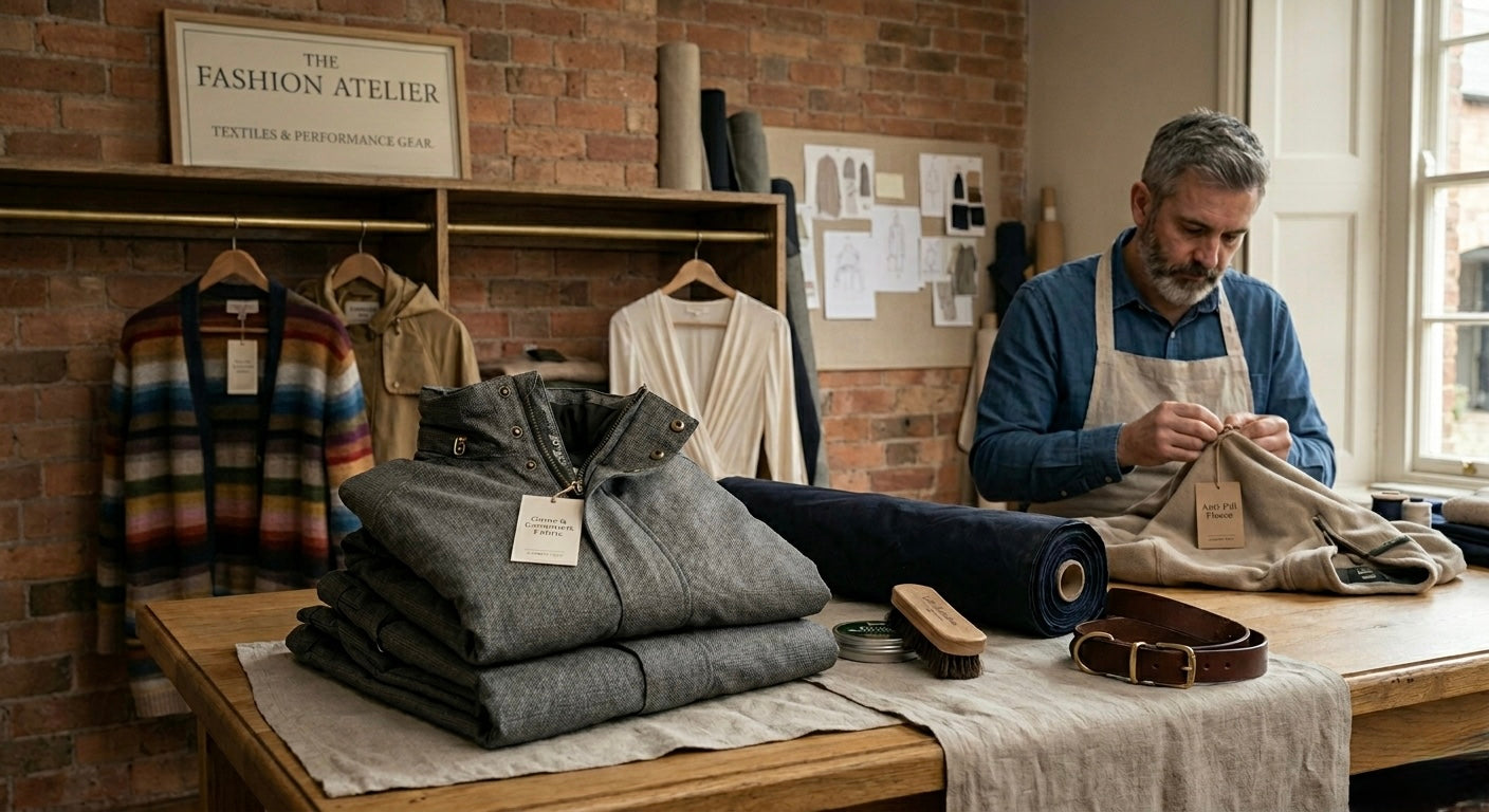 Man working in a clothing store with folded garments on a table.