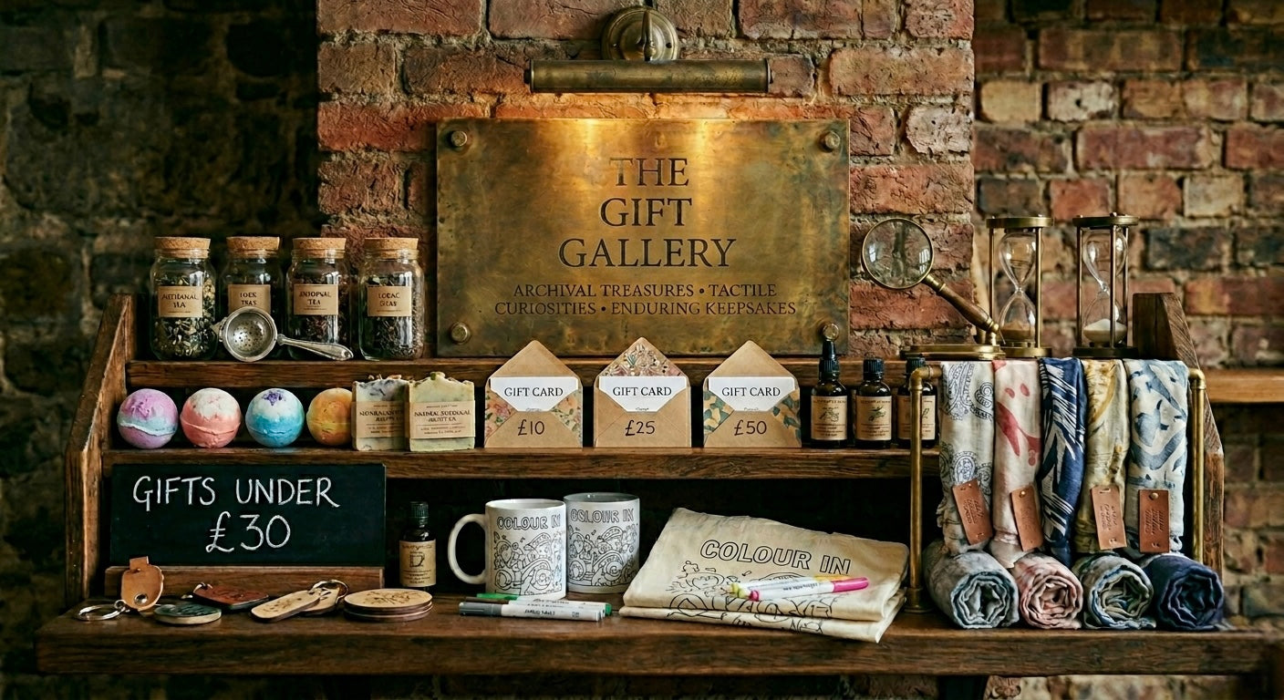 Display of gifts and products in a rustic gift shop with a brick wall background.