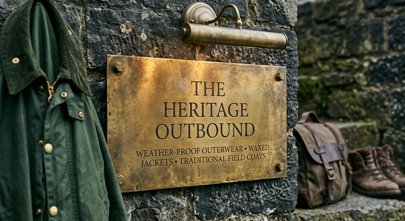 Brass plaque on a stone wall with 'The Heritage Outbound' branding, surrounded by outdoor clothing and gear.