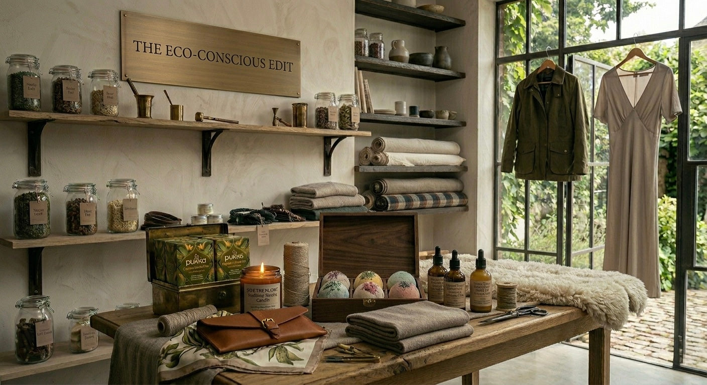 Eco-friendly products displayed on a wooden table with shelves and clothing in the background.